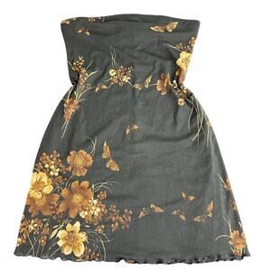 Vtg Wild Cats - Mini Dress Tunic Tube Top Strapless Black Brown Floral Sz Large